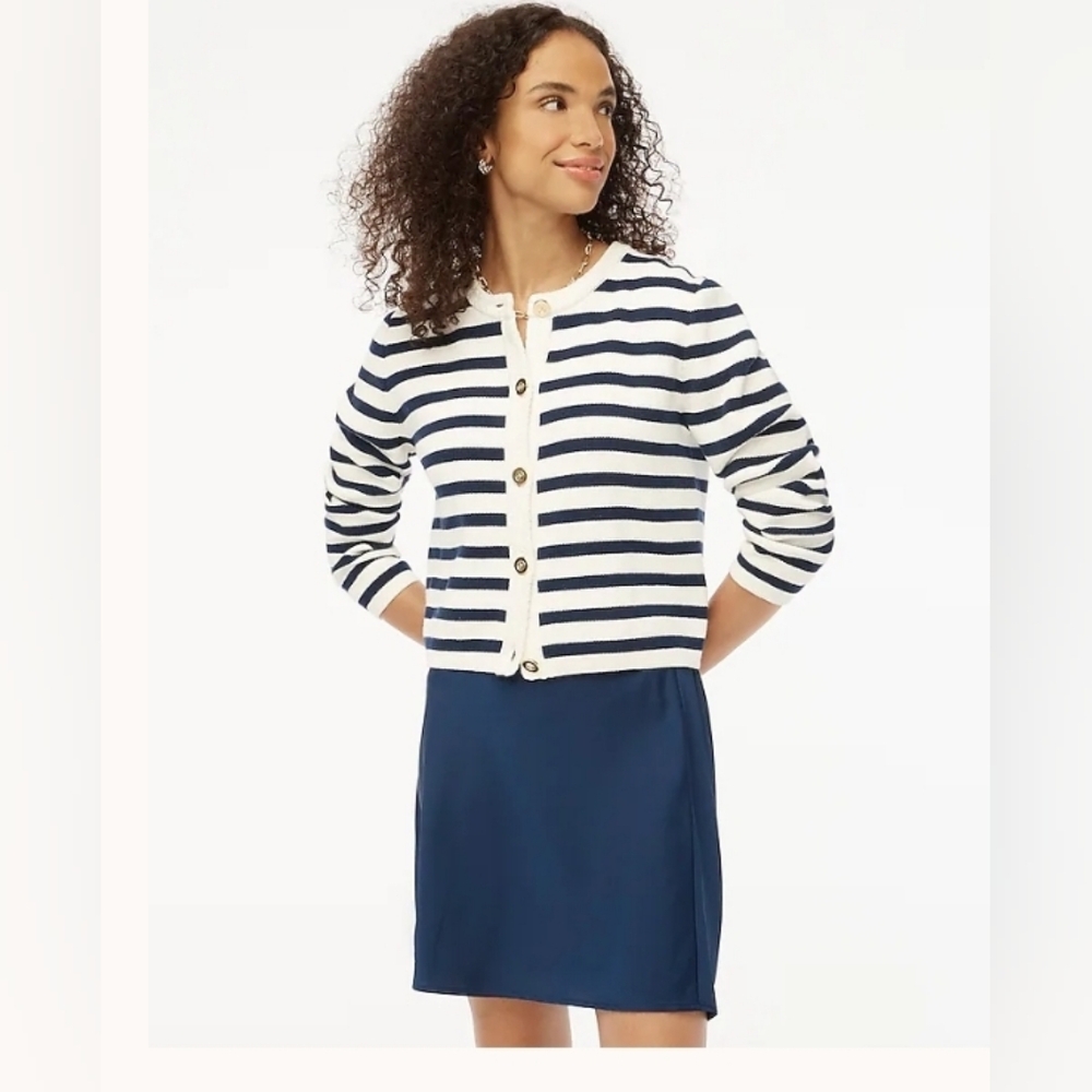NWT J.Crew Factory Striped cotton lady jacket cardigan sweater ivory navy XS - Picture 2 of 12